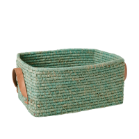 Mint Rectangular Raffia Basket Leather Handles Rice DK